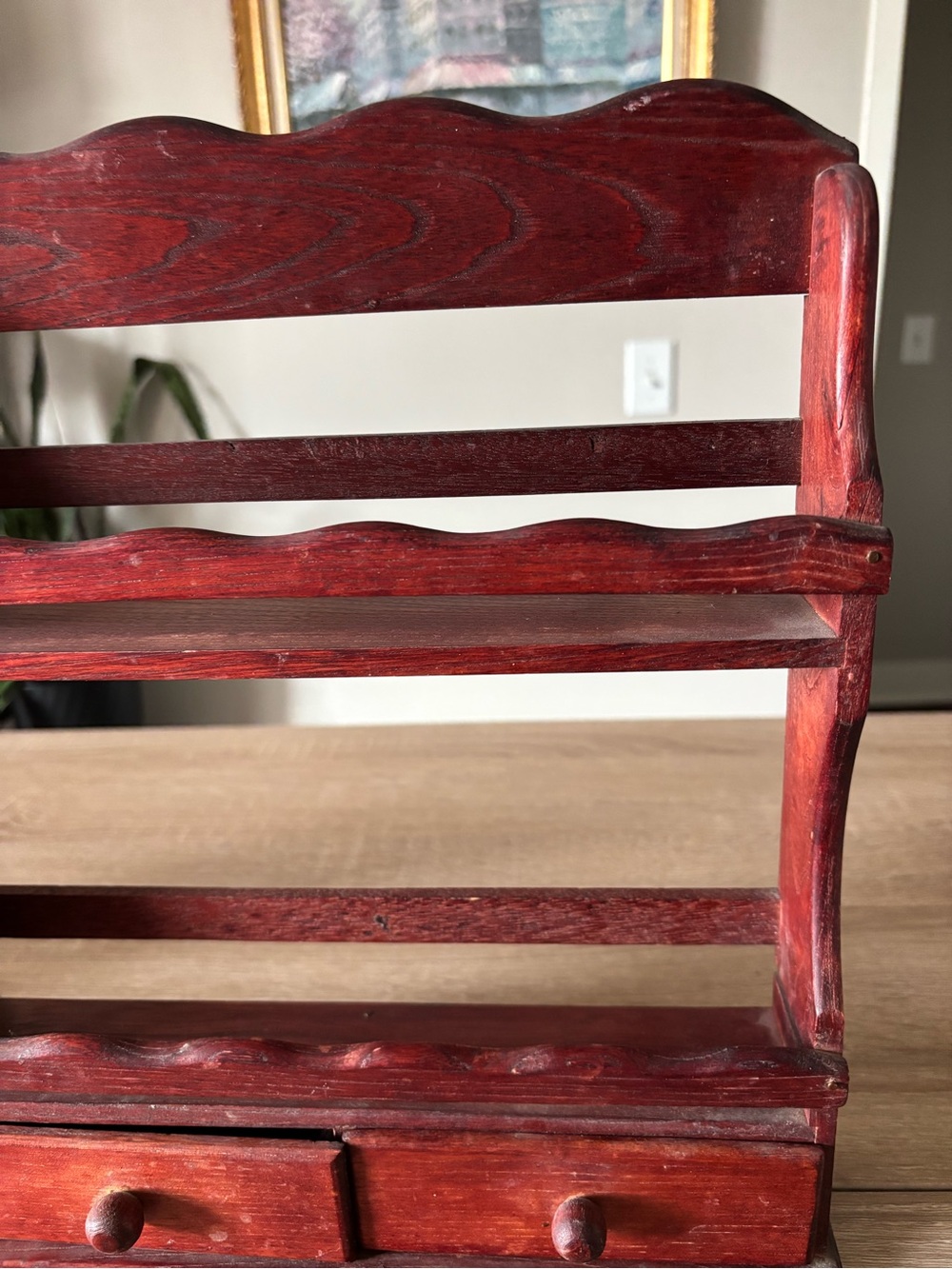 Vintage Handmade Red Solid Wood Spice Rack Shelf with Drawers - Picture 3 of 7